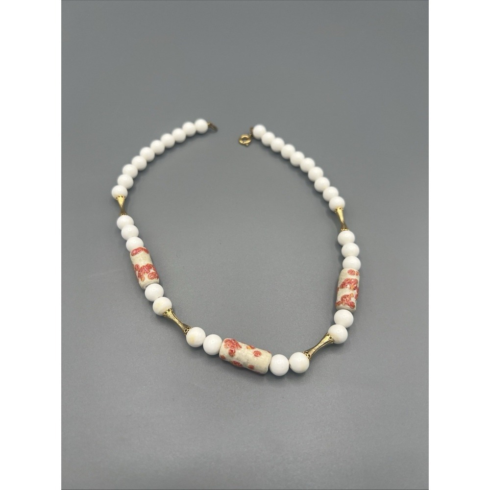 1960s Ceramic Floral Bead Necklace White Plastic Gold Tone Boho Mod Mcm
